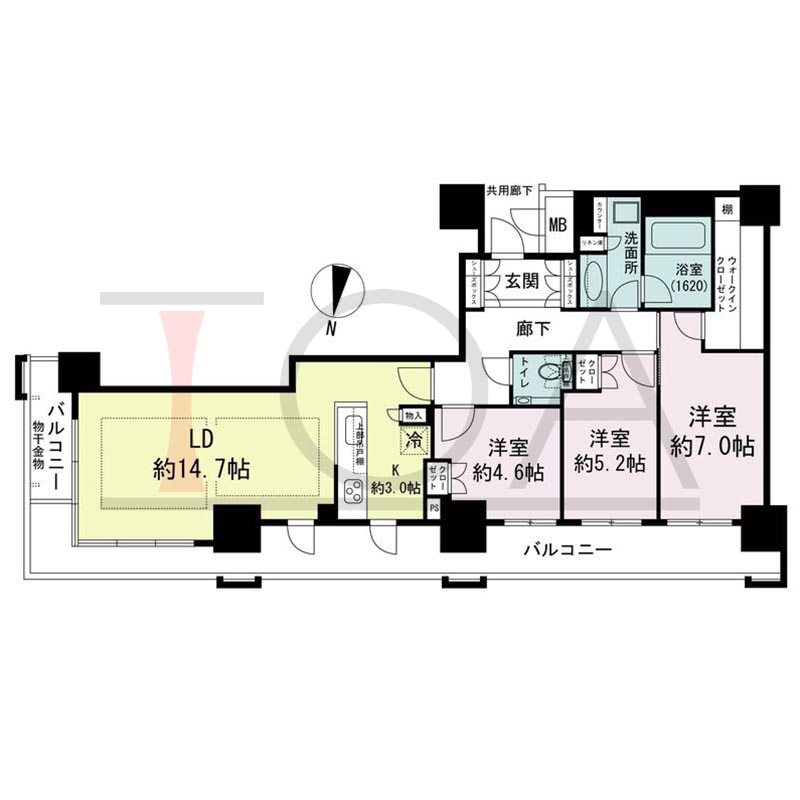 ブランズタワー梅田Northの間取り図 北東向き角 3LDK+WIC 専有面積83.58m2
バルコニー面積4.13m2
共用管理バルコニー面積18.96m2から19.98m2のお部屋あり