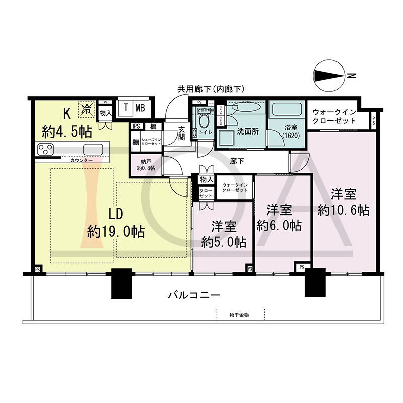 シティタワー東梅田パークフロントの間取り図 東向き 3LDK+N+2WIC+SIC 専有面積101.15m2
バルコニー面積28.85m2
