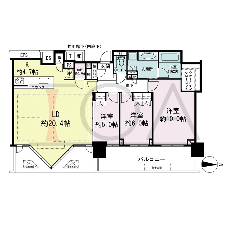 シティタワー東梅田パークフロントの間取り図 東向き 3LDK+N+WIC+SIC 専有面積100.66m2
バルコニー面積15.64m2