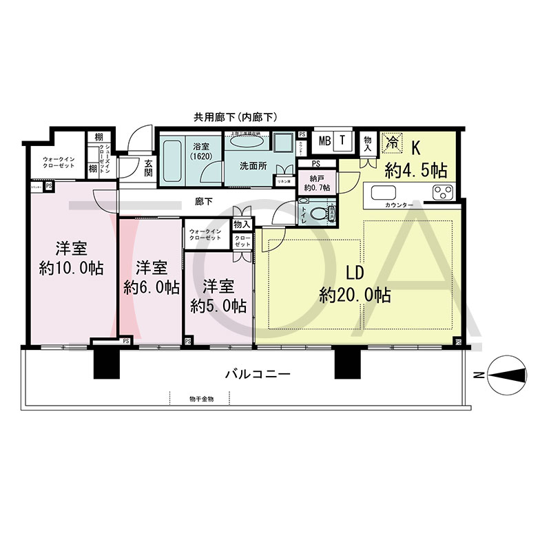 シティタワー東梅田パークフロントの間取り図 西向き 3LDK+N+2WIC+SIC 専有面積102.33m2
バルコニー面積29.21m2