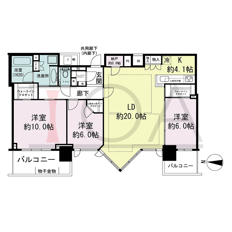 シティタワー東梅田パークフロントの間取り図 西向き 3LDK+N+3WIC+SIC 専有面積103.49m2
バルコニー面積14.04m2