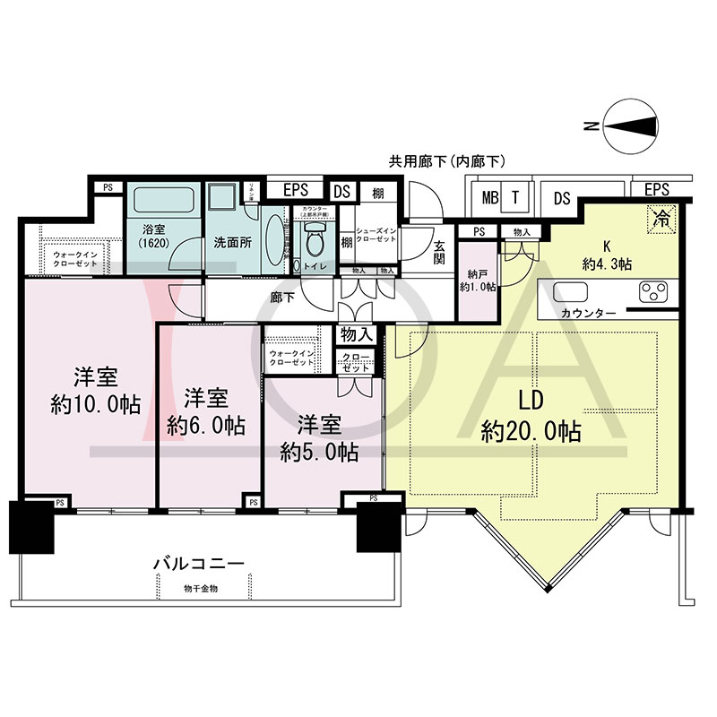 シティタワー東梅田パークフロントの間取り図 西向き 3LDK+N+2WIC+SIC 専有面積102.54m2
バルコニー面積16.49m2