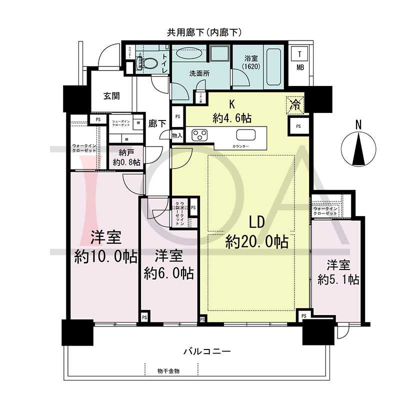 シティタワー東梅田パークフロントの間取り図 南向き 3LDK+N+3WIC+SIC 専有面積104.32m2
バルコニー面積20.14m2