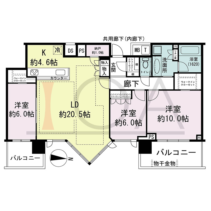 シティタワー東梅田パークフロントの間取り図 東向き 3LDK+N+2WIC+SIC 専有面積104.05m2
バルコニー面積14.96m2