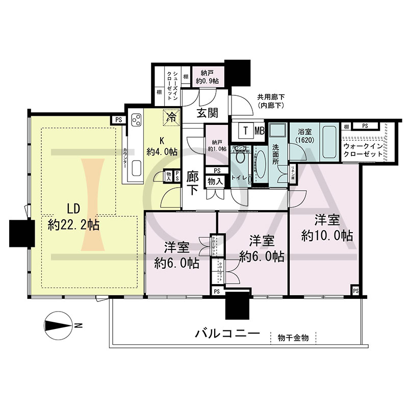 シティタワー東梅田パークフロントの間取り図 南東向き角 3LDK+2N+WIC+SIC 専有面積110.81m2
バルコニー面積20.68m2