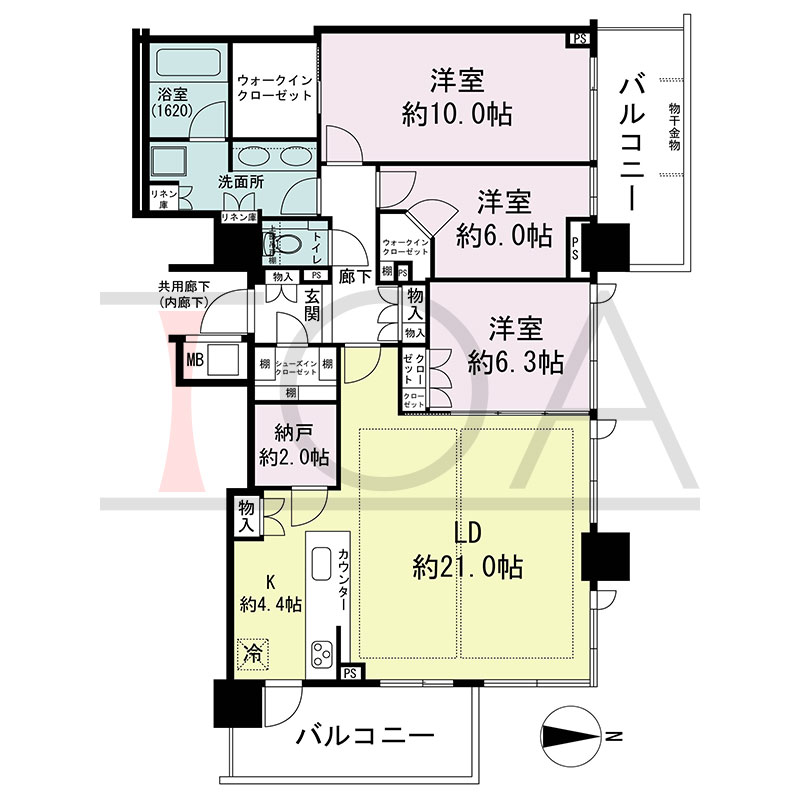 シティタワー東梅田パークフロントの間取り図 北東向き角 3LDK+N+2WIC+SIC 専有面積110.69m2
バルコニー面積20.55m2