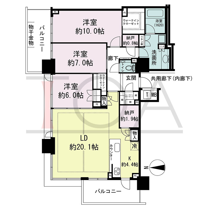 シティタワー東梅田パークフロントの間取り図 北西向き角 3LDK+2N+2WIC+SIC 専有面積112.74m2
バルコニー面積19.70m2