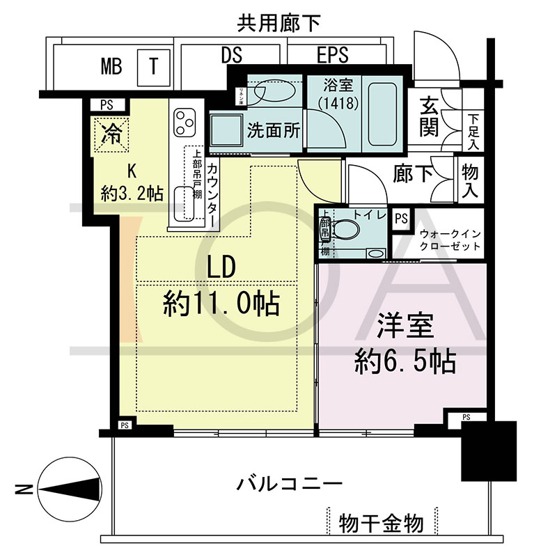 シティタワー東梅田パークフロントの間取り図 西向き 1LDK+WIC 専有面積47.95m2
バルコニー面積14.16m2