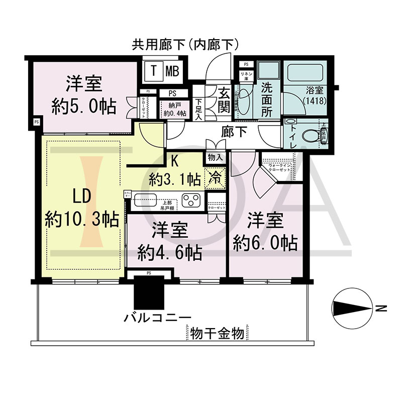 シティタワー東梅田パークフロントの間取り図 東向き 3LDK+N+WIC 専有面積64.98m2
バルコニー面積17.70m2