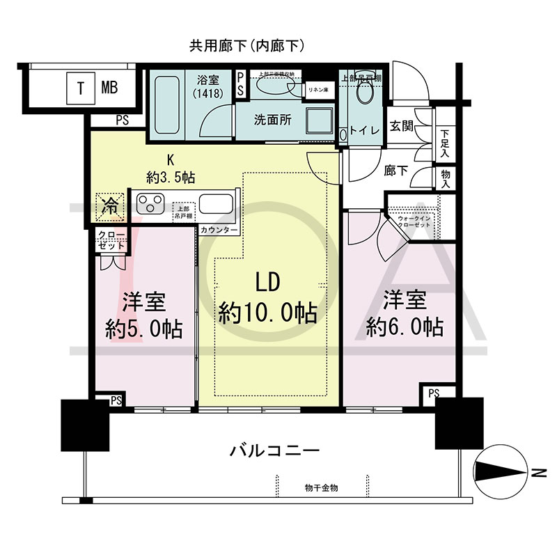 シティタワー東梅田パークフロントの間取り図 東向き 2LDK+WIC 専有面積55.03m2
バルコニー面積15.94m2