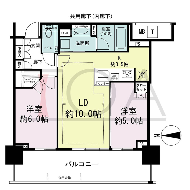 シティタワー東梅田パークフロントの間取り図 西向き 2LDK+WIC 専有面積55.03m2
バルコニー面積15.94m2