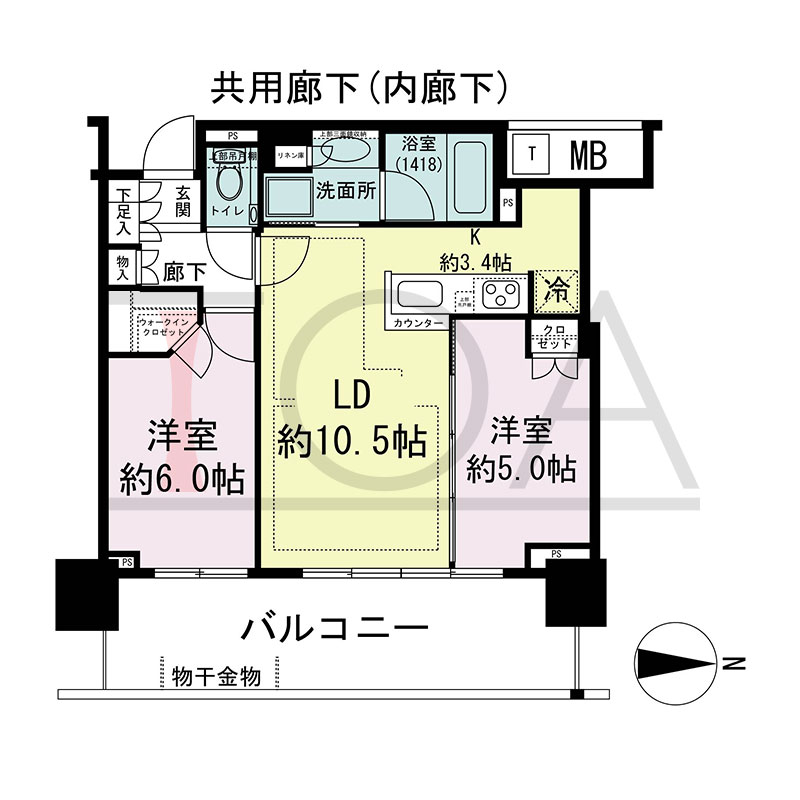 シティタワー東梅田パークフロントの間取り図 東向き 2LDK+WIC 専有面積55.00m2
バルコニー面積15.44m2