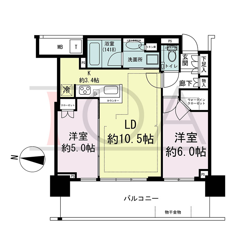 シティタワー東梅田パークフロントの間取り図 西向き 2LDK+WIC 専有面積55.00m2
バルコニー面積15.44m2