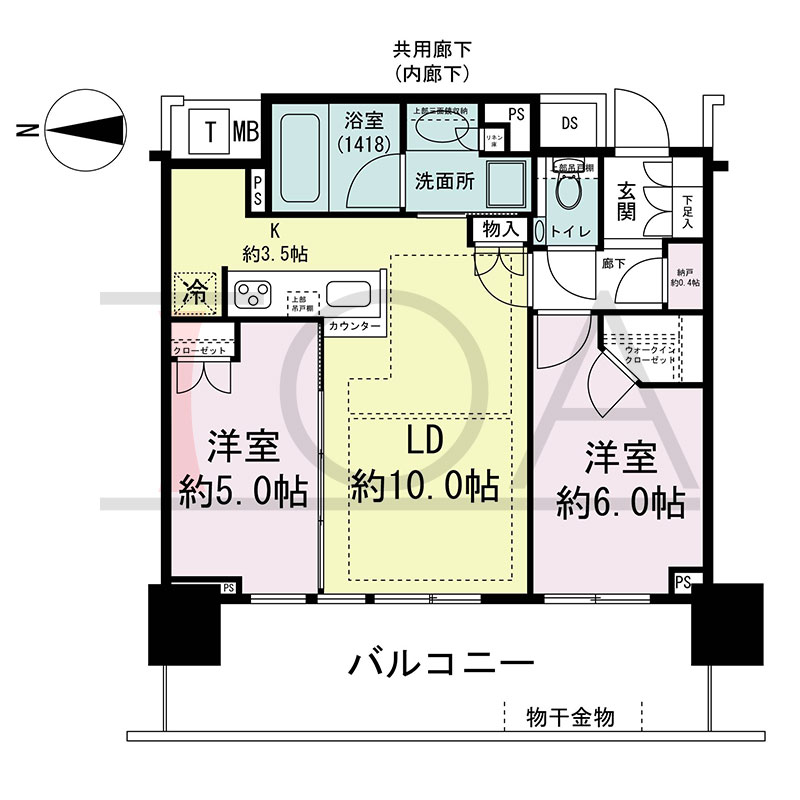 シティタワー東梅田パークフロントの間取り図 西向き 2LDK+N+WIC 専有面積55.20m2
バルコニー面積16.00m2