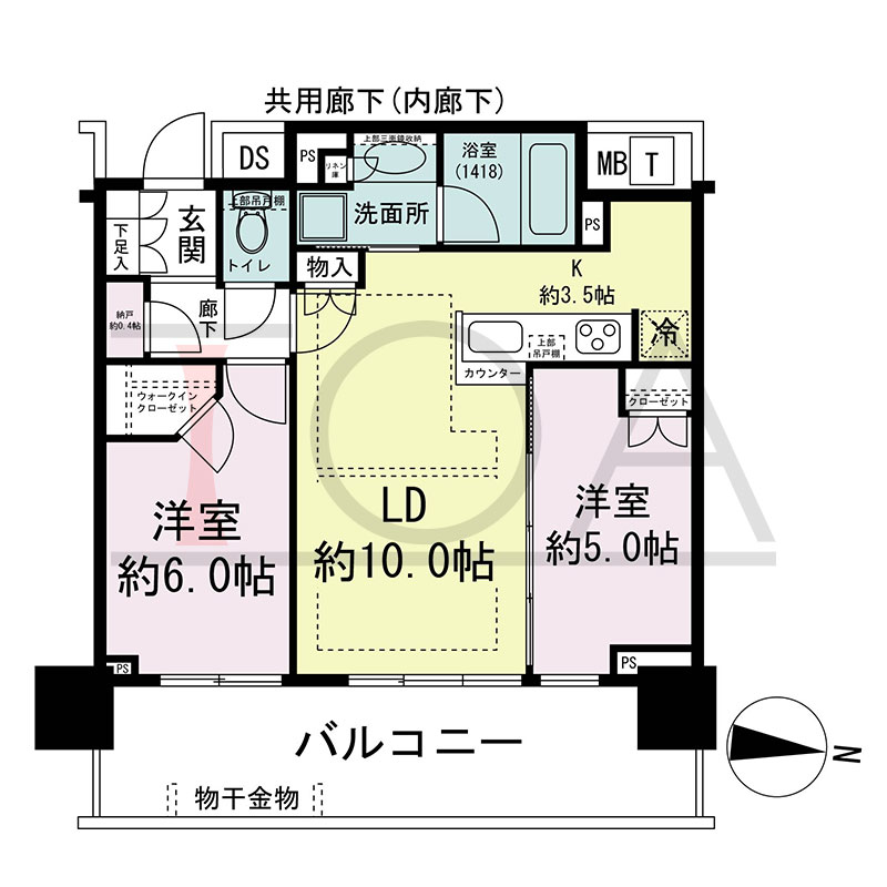 シティタワー東梅田パークフロントの間取り図 東向き 2LDK+N+WIC 専有面積55.20m2
バルコニー面積16.00m