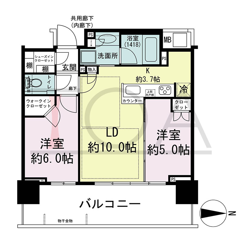 シティタワー東梅田パークフロントの間取り図 東向き 2LDK+WIC+SIC 専有面積55.00m2
バルコニー面積16.12m2