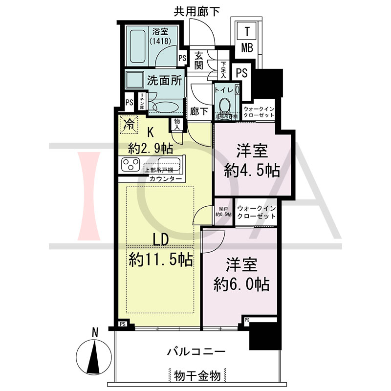 シティタワー東梅田パークフロントの間取り図 南向き 2LDK+N+2WIC 専有面積57.00m2
バルコニー面積11.50m2