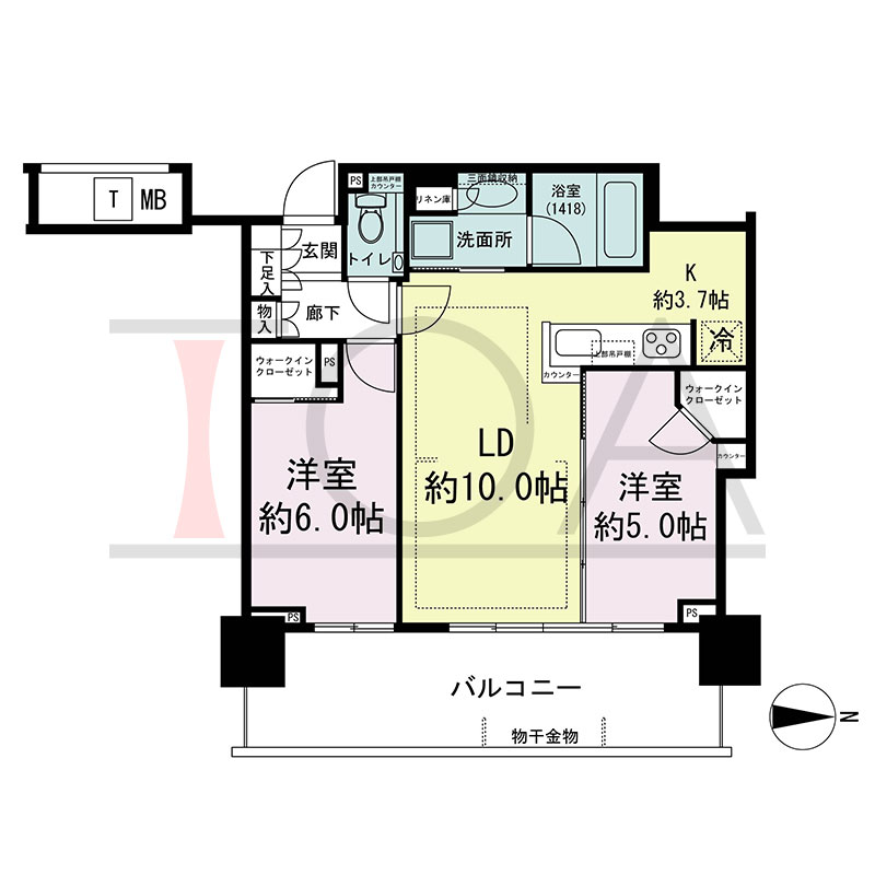 シティタワー東梅田パークフロントの間取り図 東向き 2LDK+2WIC 専有面積55.04m2
バルコニー面積15.19m2