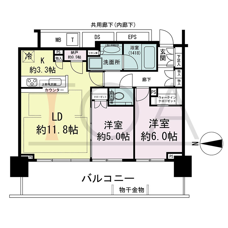 シティタワー東梅田パークフロントの間取り図 西向き 2LDK+N+WIC 専有面積60.68m2
バルコニー面積18.43m2