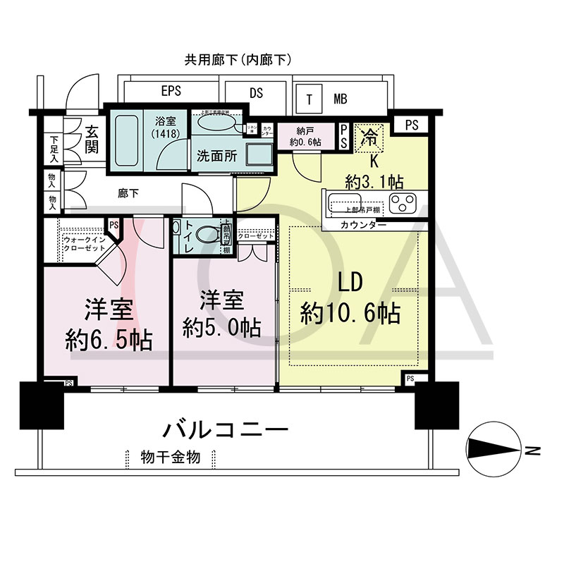 シティタワー東梅田パークフロントの間取り図 東向き 2LDK+N+WIC 専有面積60.02m2
バルコニー面積18.43m2