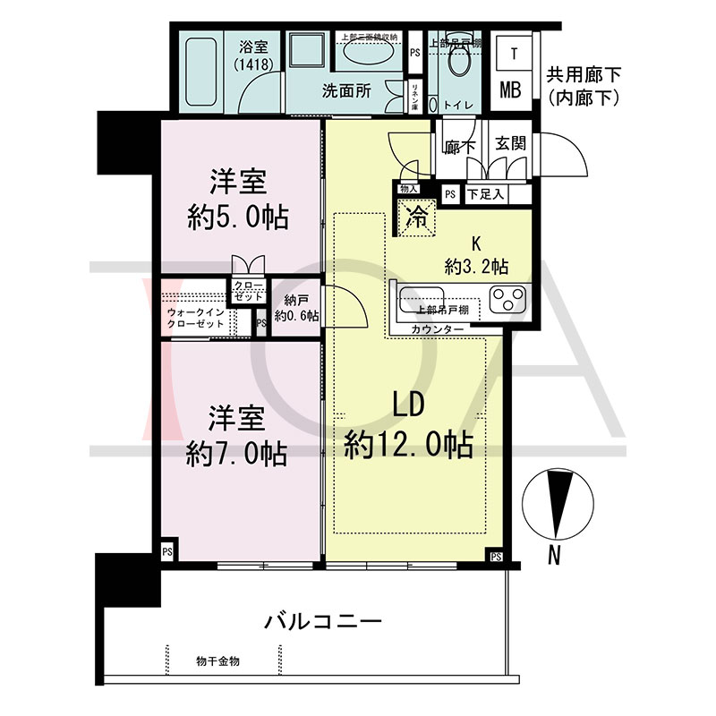シティタワー東梅田パークフロントの間取り図 北向き 2LDK+N+WIC 専有面積60.01m2
バルコニー面積14.41m2