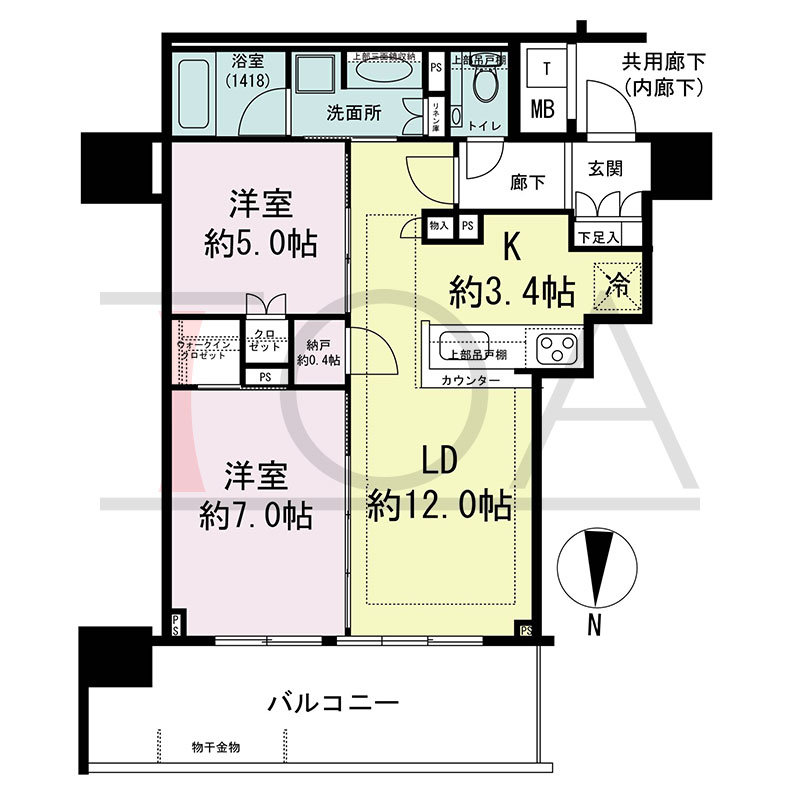 シティタワー東梅田パークフロントの間取り図 北向き 2LDK+N+WIC 専有面積61.16m2
バルコニー面積14.29m2