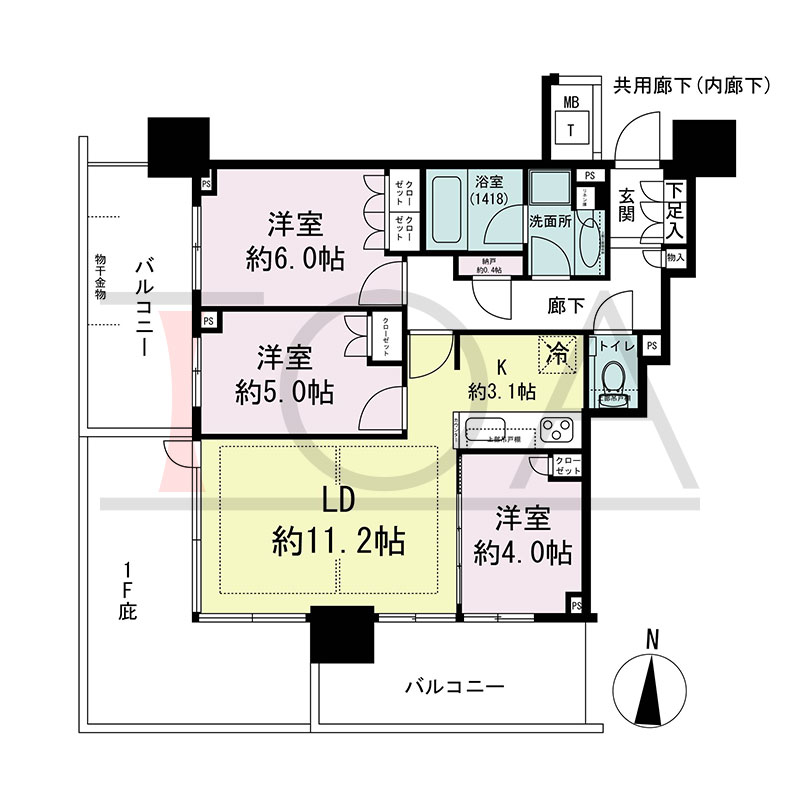 シティタワー東梅田パークフロントの間取り図 南西向き角 3LDK+N 専有面積66.67m2
バルコニー面積19.76m2