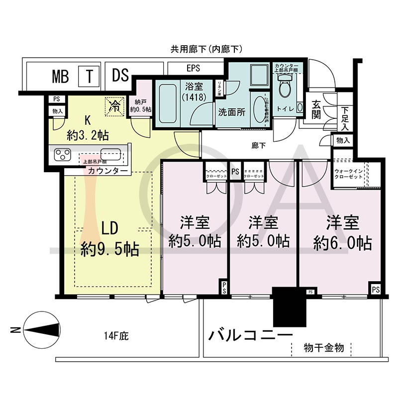 シティタワー東梅田パークフロントの間取り図 西向き 3LDK+N+WIC 専有面積65.94m2
バルコニー面積11.15m2