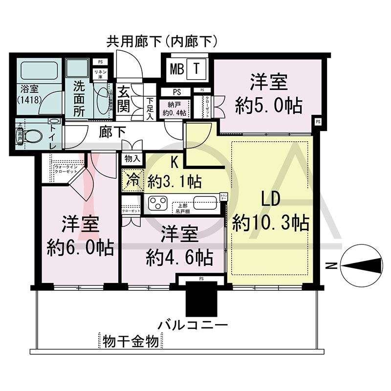 シティタワー東梅田パークフロントの間取り図 西向き 3LDK+N+WIC 専有面積64.98m2
バルコニー面積17.70m2