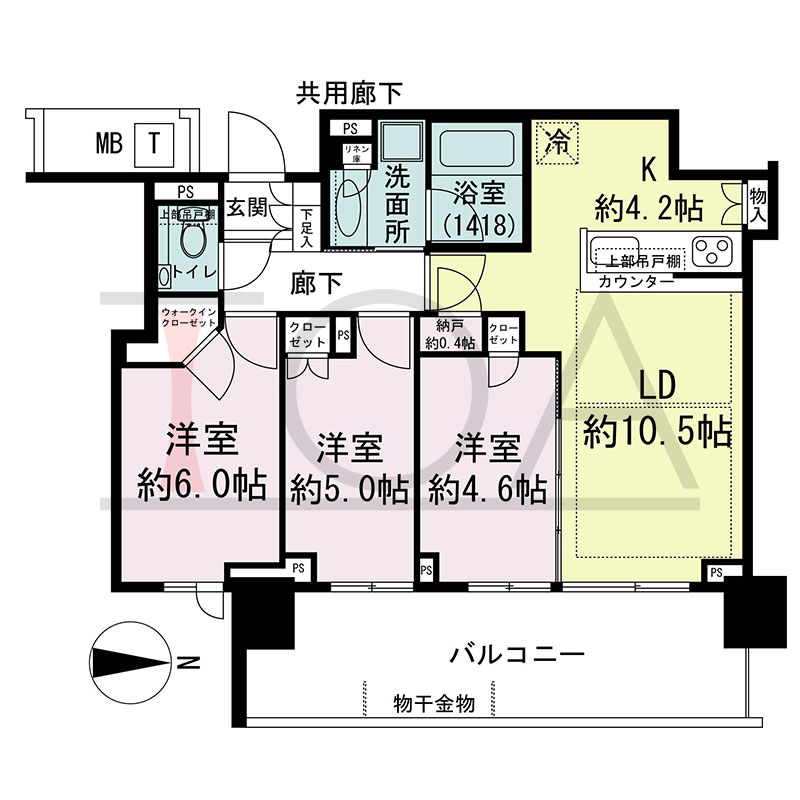 シティタワー東梅田パークフロントの間取り図 東向き 3LDK+N+WIC 専有面積66.22m2
バルコニー面積15.68m2