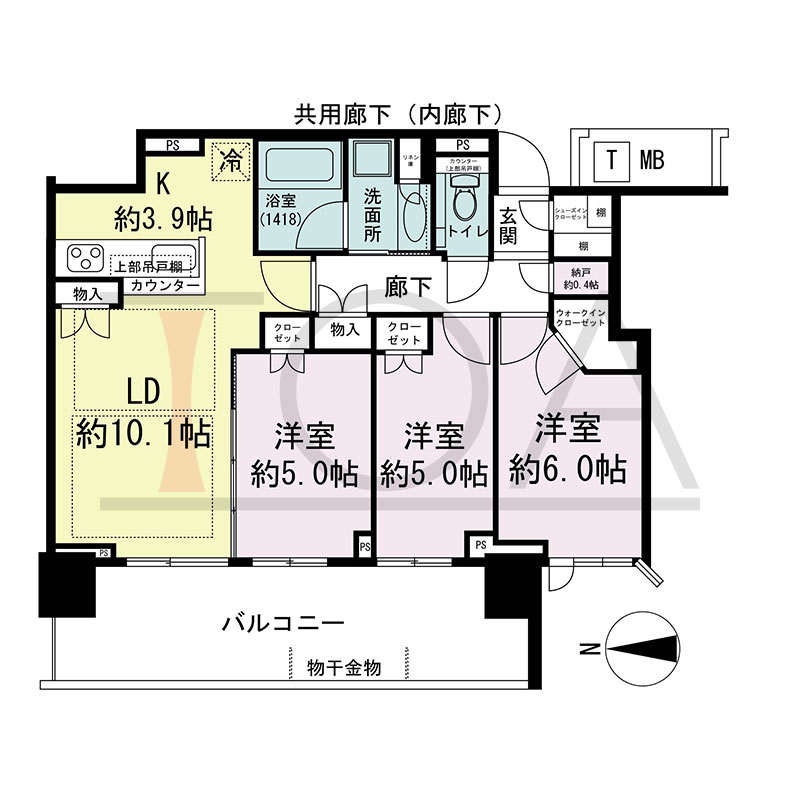 シティタワー東梅田パークフロントの間取り図 西向き 3LDK+N+WIC+SIC 専有面積68.86m2
バルコニー面積16.44m2