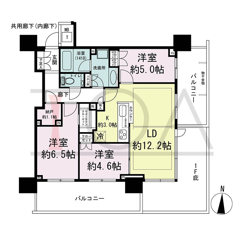 シティタワー東梅田パークフロントの間取り図 南東向き角 3LDK+N+WIC 専有面積72.22m2
バルコニー面積23.04m2