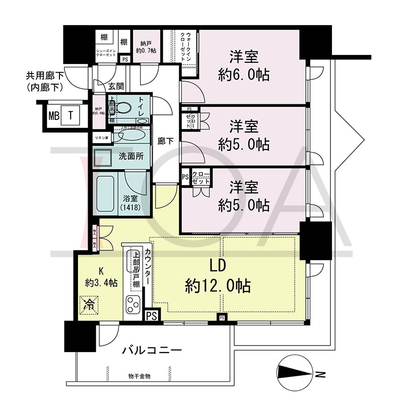 シティタワー東梅田パークフロントの間取り図 北東向き角 3LDK+2N+WIC+SIC 専有面積71.07m2
バルコニー面積10.24m2