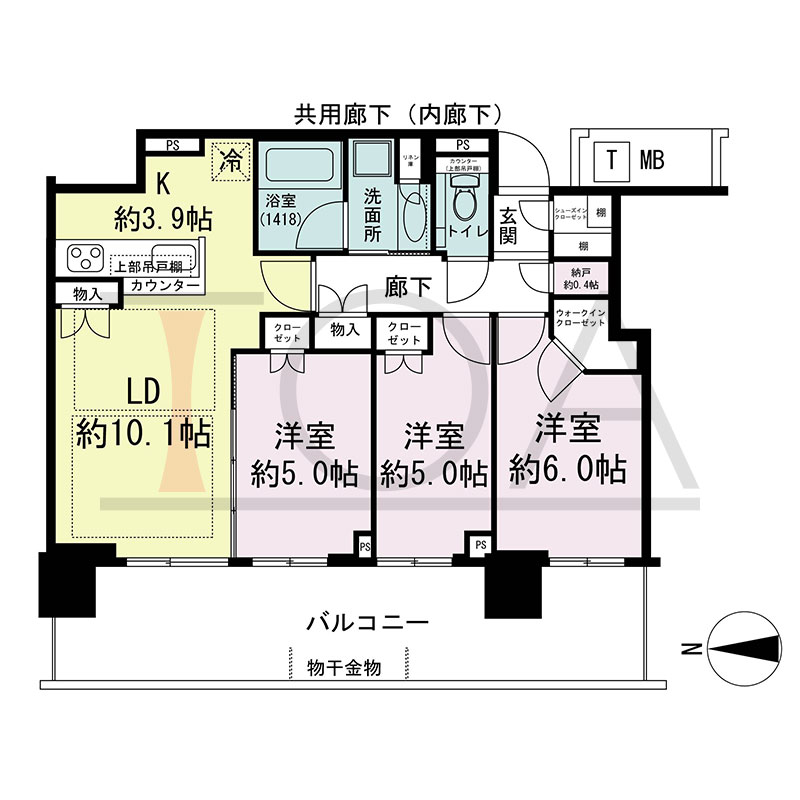 シティタワー東梅田パークフロントの間取り図 西向き 3LDK+N+WIC+SIC 専有面積68.86m2
バルコニー面積20.22m2