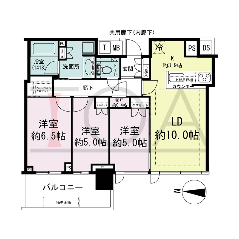 シティタワー東梅田パークフロントの間取り図 西向き 3LDK+N+WIC 専有面積69.97m2
バルコニー面積9.38m2