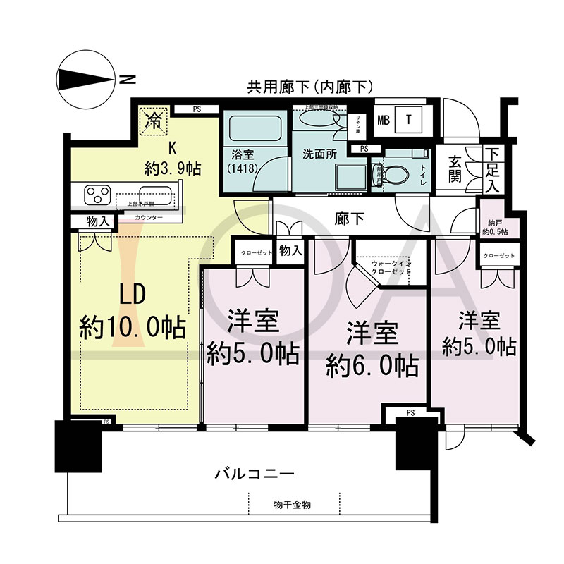 シティタワー東梅田パークフロントの間取り図 東向き 3LDK+N+WIC 専有面積68.87m2
バルコニー面積16.24m2