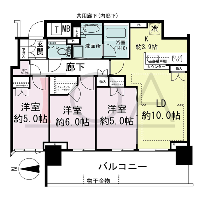 シティタワー東梅田パークフロントの間取り図 西向き 3LDK+N+WIC 専有面積68.87m2
バルコニー面積16.24m2