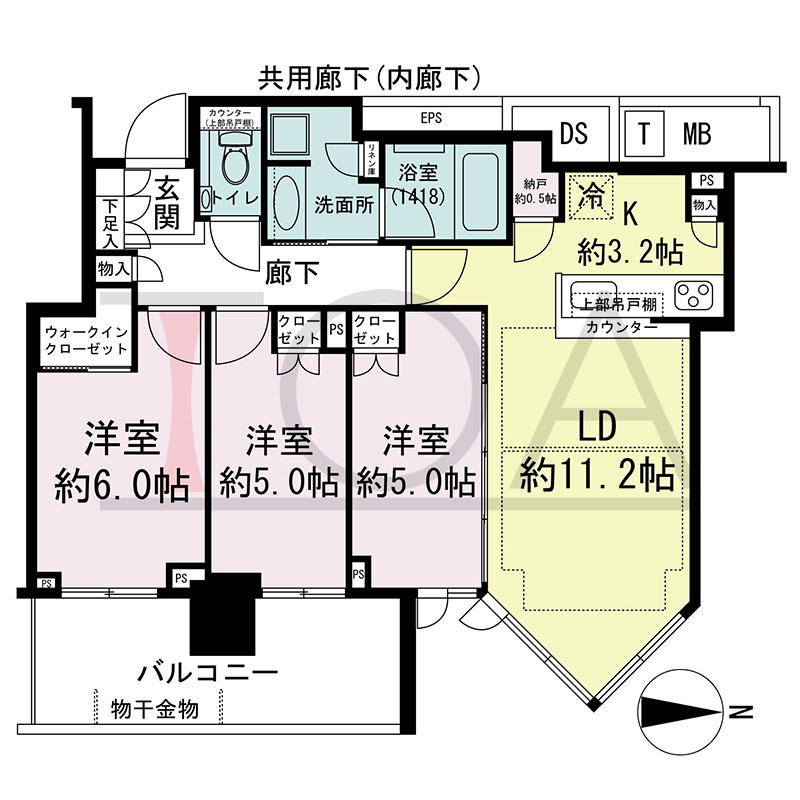 シティタワー東梅田パークフロントの間取り図 東向き 3LDK+N+WIC 専有面積68.81m2
バルコニー面積11.15m2
