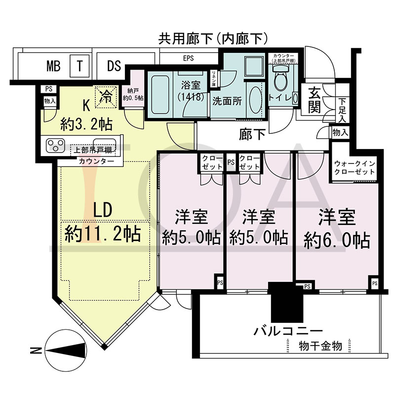 シティタワー東梅田パークフロントの間取り図 西向き 3LDK+N+WIC 専有面積68.81m2
バルコニー面積11.15m2