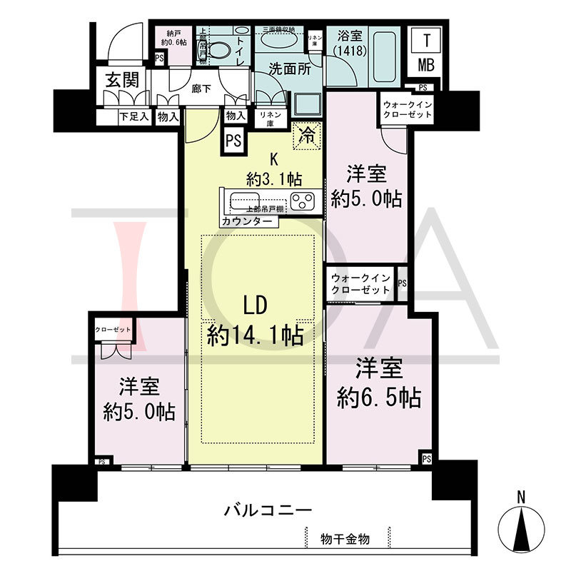 シティタワー東梅田パークフロントの間取り図 南向き 3LDK+N+2WIC 専有面積74.67m2
バルコニー面積20.14m2
