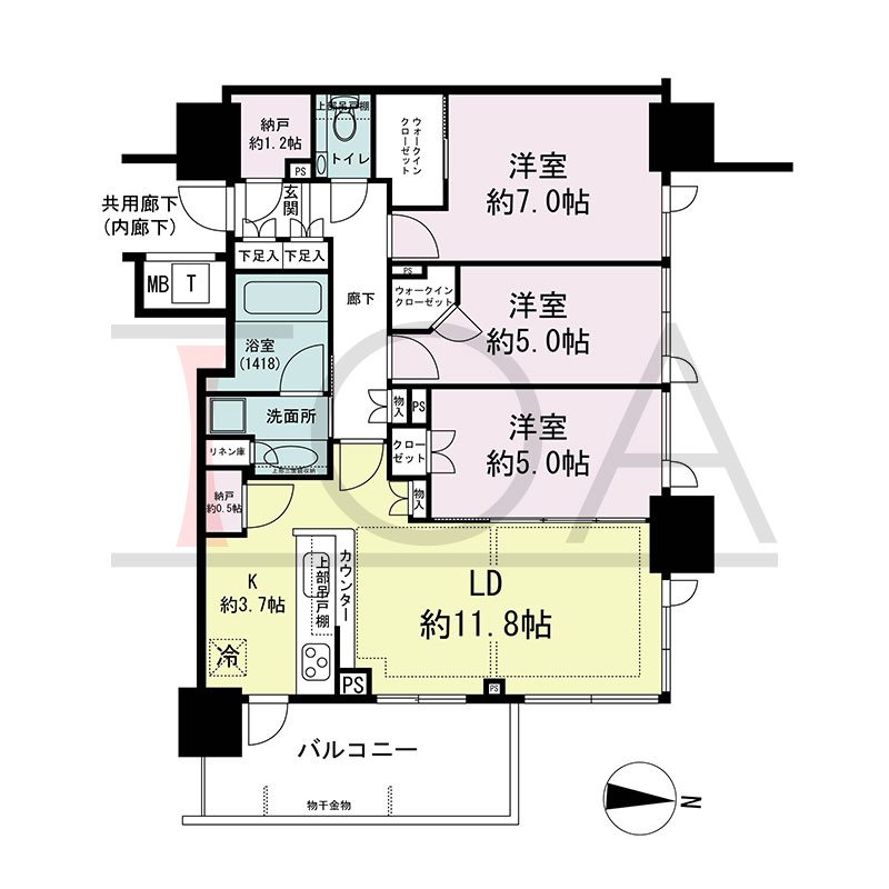 シティタワー東梅田パークフロントの間取り図 北東向き角 3LDK+2N+2WIC 専有面積74.83m2
バルコニー面積10.24m2
