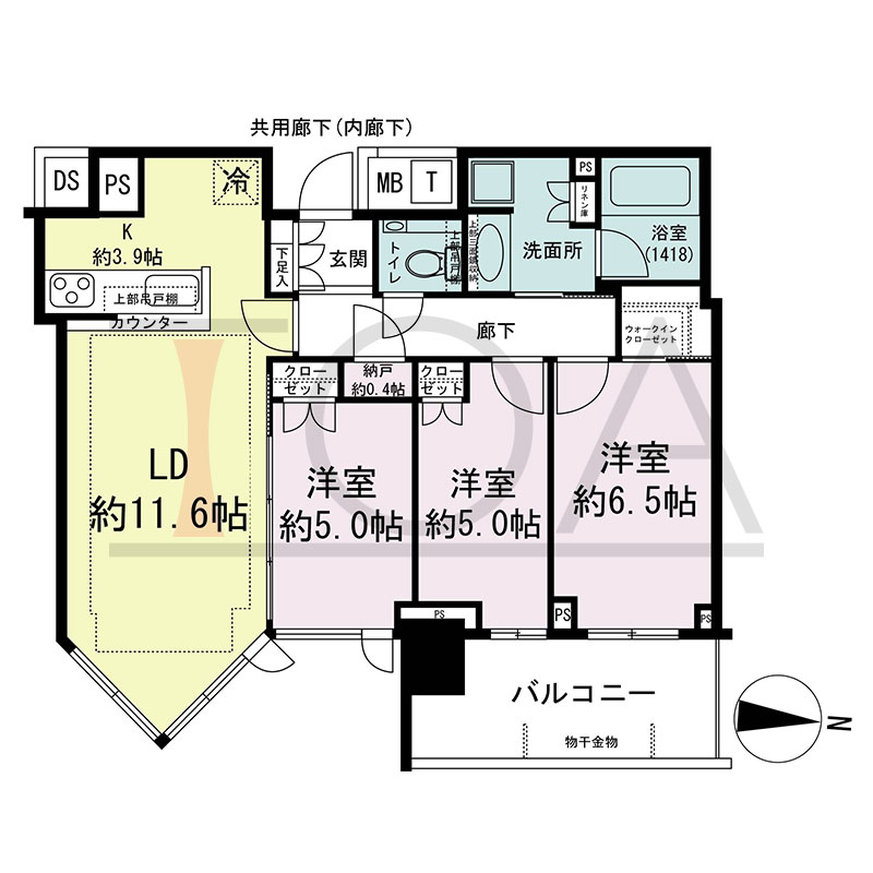 シティタワー東梅田パークフロントの間取り図 東向き 3LDK+N+WIC 専有面積72.84m2
バルコニー面積9.38m2