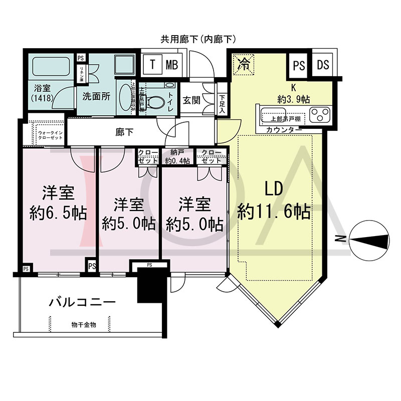 シティタワー東梅田パークフロントの間取り図 西向き 3LDK+N+WIC 専有面積72.84m2
バルコニー面積9.38m2