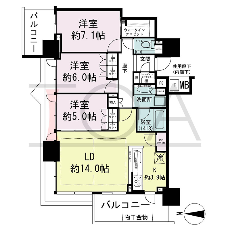 シティタワー東梅田パークフロントの間取り図 北西向き角 3LDK+N+WIC+SIC 専有面積81.17m2
バルコニー面積15.41m2