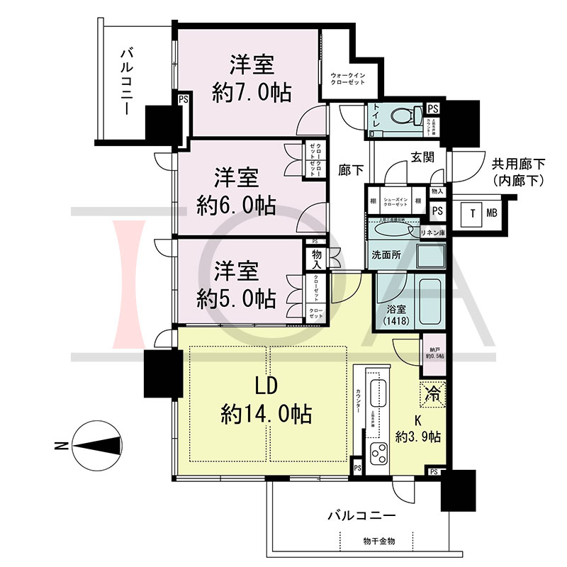 シティタワー東梅田パークフロントの間取り図 北西向き角 3LDK+N+WIC+SIC 専有面積81.39m2
バルコニー面積15.53m2
