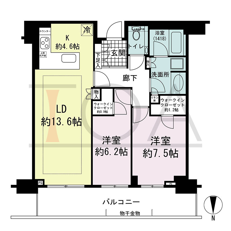 グランドメゾン新梅田タワー THE CLUB RESIDENCEの間取り図 北向き 2LDK+2WIC 専有面積75.00m2
バルコニー面積15.24m2