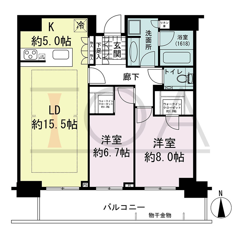 グランドメゾン新梅田タワー THE CLUB RESIDENCEの間取り図 南向き 2LDK+2WIC 専有面積83.19m2
バルコニー面積15.60m2