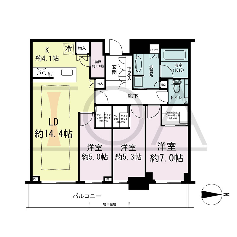 グランドメゾン新梅田タワー THE CLUB RESIDENCEの間取り図 東向き 3LDK+N+3WIC 専有面積88.56m2
バルコニー面積17.60m2