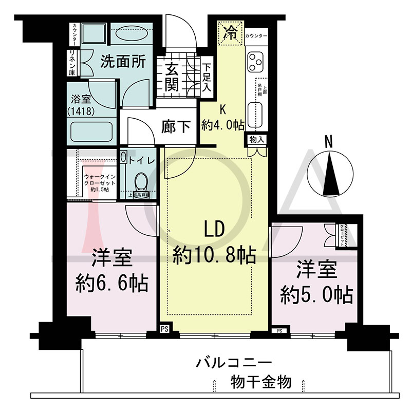 グランドメゾン新梅田タワー THE CLUB RESIDENCEの間取り図 南向き 2LDK+WIC 専有面積62.53m2
バルコニー面積15.30m2