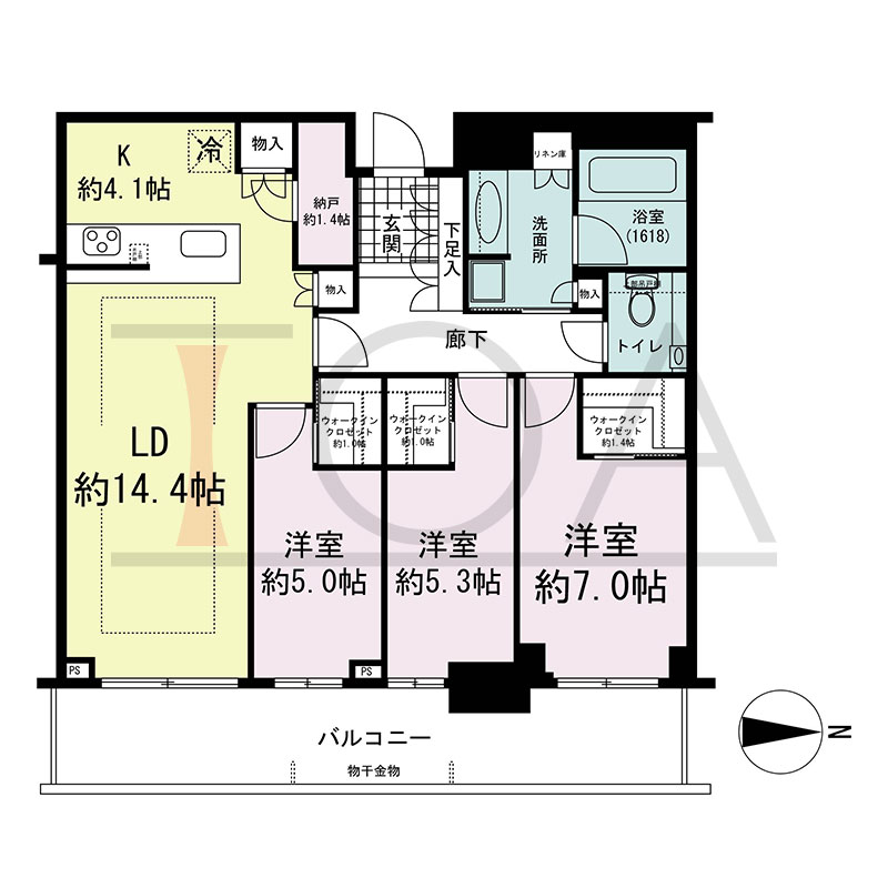 グランドメゾン新梅田タワー THE CLUB RESIDENCEの間取り図 東向き 3LDK+N+3WIC 専有面積88.56m2
バルコニー面積17.60m2